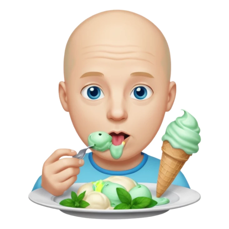 Bald man with blue eyes licking mint ice cream from a plate sticker