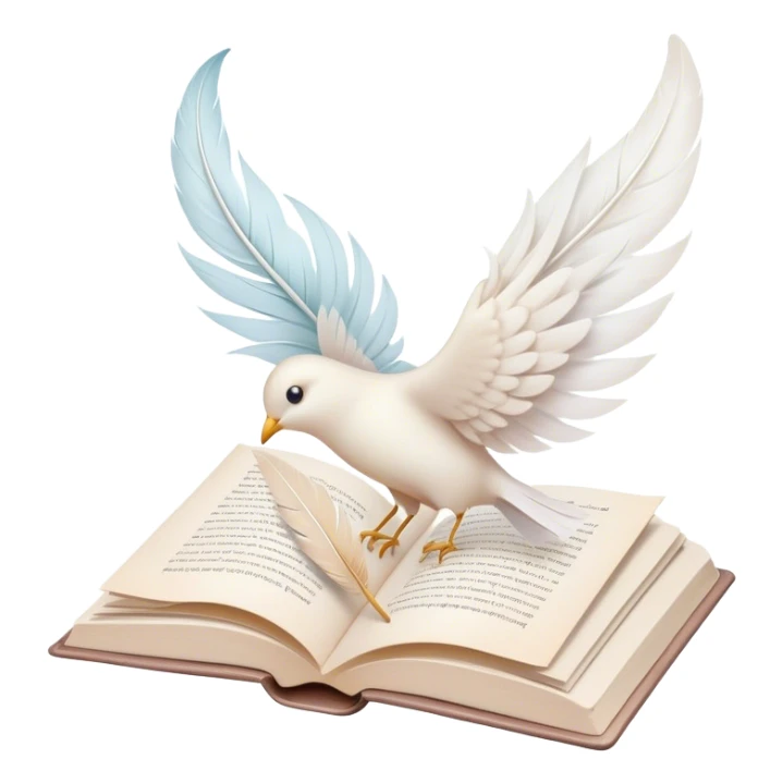 Create a delicate and poetic emoji representing poetry. The design should feature several elegantly flying pages with short poetic columns written on them. The pages should appear light and flowing, almost as if being carried by the wind. Include one white feather, gently resting on the pages, symbolizing creativity and inspiration. Use soft, pastel tones to give it a dreamy, artistic feel. The design should feel ethereal and whimsical, capturing the essence of poetry. Make the background transparent. sticker