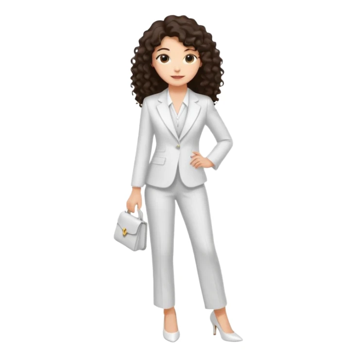 Chica joven con una sonrisa suave con cabello largo rizado y oscuro, piel clara, vestida con un traje blanco elegante y tacones bajos blancos sticker