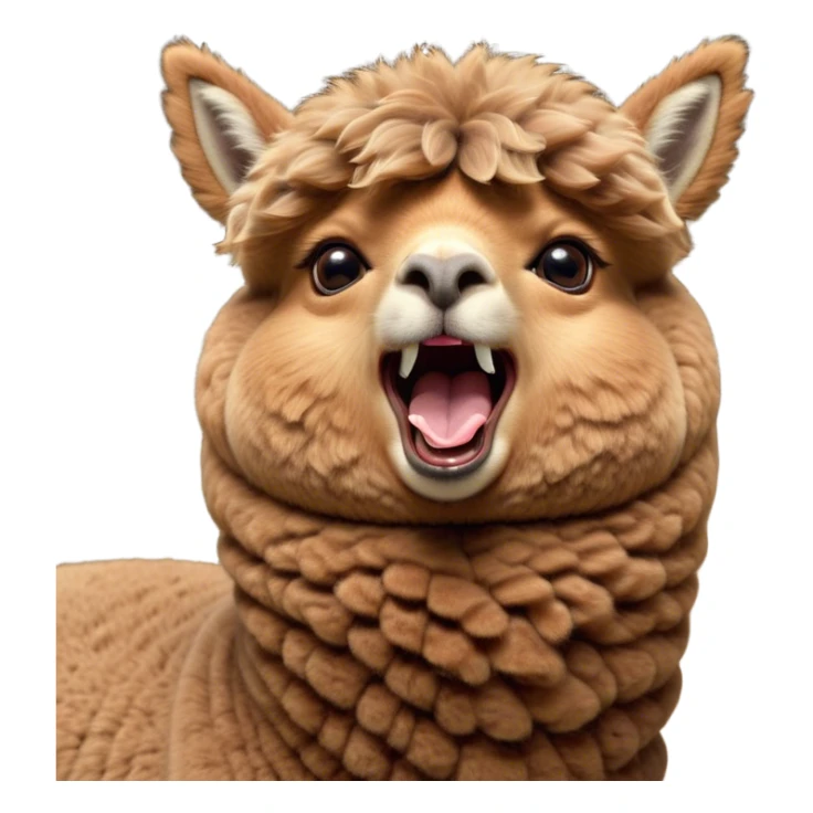 Cinematic Cute Yawning Brown Alpaca Portrait Emoji, Head tilted slightly with a dramatic, wide-open yawn, showcasing a soft, plush brown fleece with gently drooping ears, round warm eyes barely open in drowsy contentment, Simplified yet irresistibly adorable features, highly detailed, glowing with a soft, cozy glow, high shine, relaxed yet expressive, stylized with a touch of whimsy, bright and endearing, soft glowing outline, capturing the essence of a sleepy yet affectionate alpaca, so drowsy it feels like it could stretch out of the screen and curl up for a nap! sticker