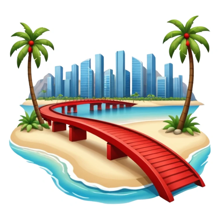  island with modern buildings, beaches with palm trees, and a red bridge on one side sticker