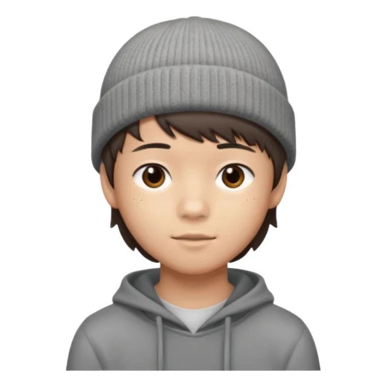 14-year-old Asian boy with short brown hair, side bangs, wearing a grey beanie sticker