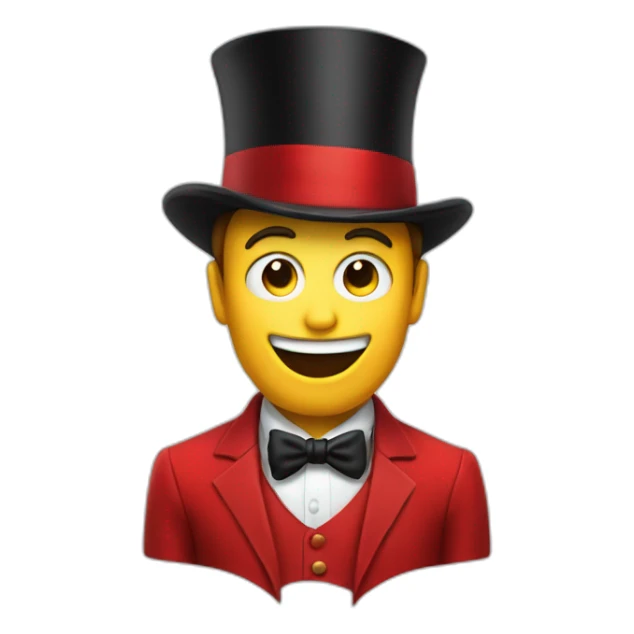An entertainer in a red suit who has an open jaw instead of a head, and inside the jaw there are two eyes, and he also has a black top hat sticker