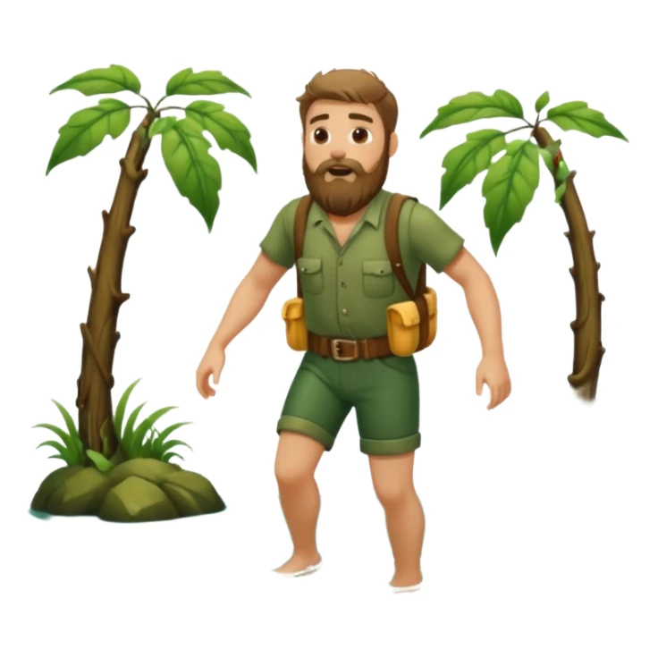 full body bearded forest man stepping out of water, back and shoulders wet, vine belt sticker