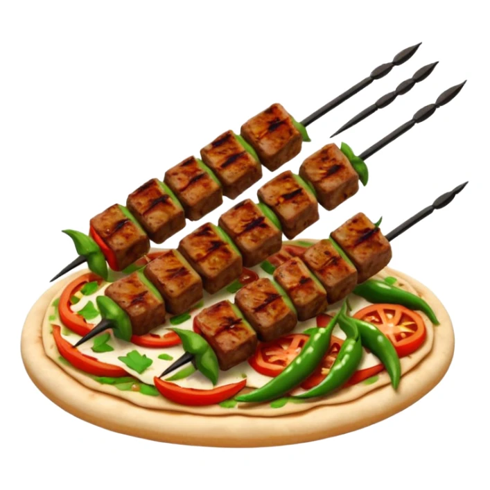 Adana kebab object icon, spicy grilled minced meat skewer, served on flatbread, grilled tomatoes and green peppers on the side, smoky char marks, juicy texture, 3D cartoon, mobile game icon style, centered, clean background, no text, no watermark
 sticker