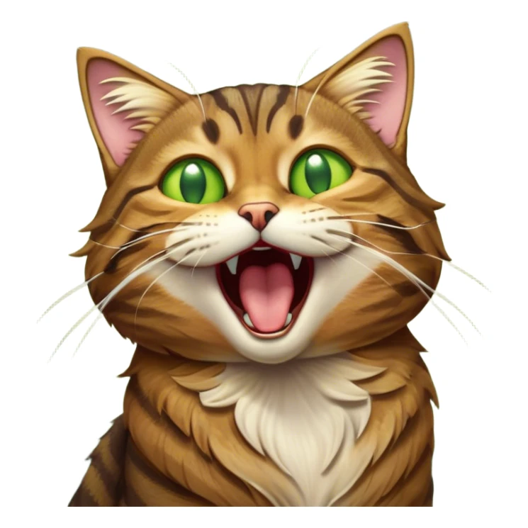 Cinematic Cute Yawning Brown Tabby Cat Portrait Emoji, Head tilted slightly with a dramatic, wide-open yawn, soft brown fur with bold tabby markings, long whiskers stretching forward, golden-green eyes barely open in drowsy contentment, Simplified yet irresistibly adorable features, highly detailed, glowing with a soft, cozy glow, high shine, relaxed yet expressive, stylized with a touch of whimsy, bright and endearing, soft glowing outline, capturing the essence of a sleepy yet affectionate kitty, so drowsy it feels like it could stretch right out of the screen and curl up for a nap! sticker