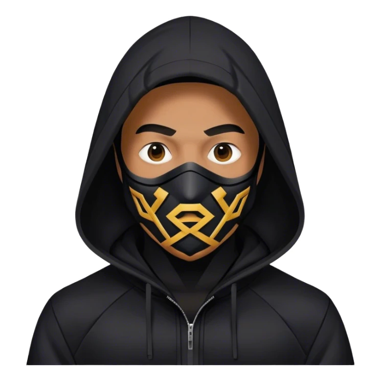 man with black hooded jacket and a black full-face geometric mask sticker