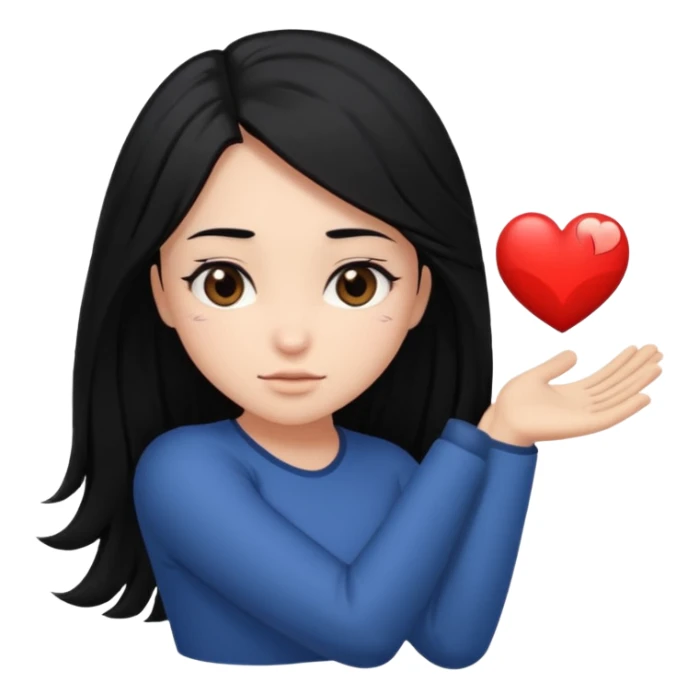 character with long black hair past elbow,  round, downturned dark brown eyes, heart shape face sticker
