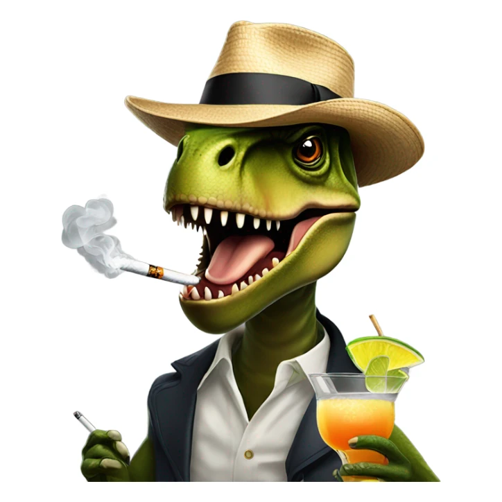 T. rex with a fedora smoking a cigarette and drinking a margarita  sticker