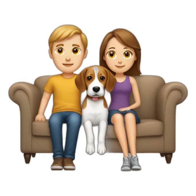 Brown hair White boy and girl with beagle Sit on couch sticker