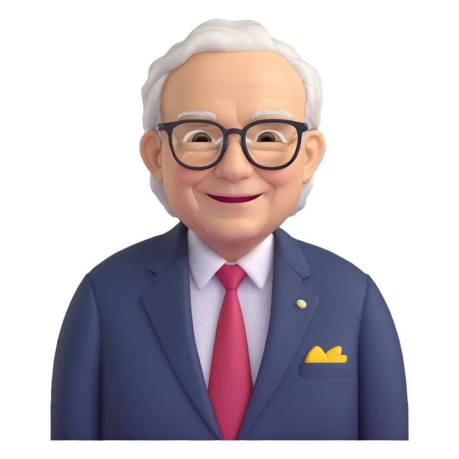 Warren Buffett, smiling, glasses, suit sticker