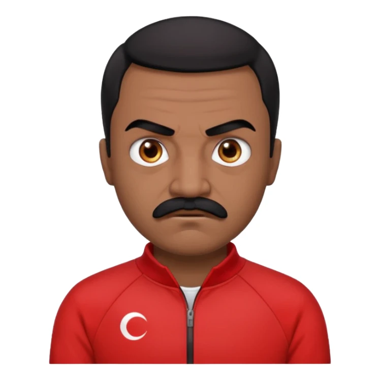 Recep İvedik character iconic look: short black hair, thick black eyebrows, distinct mustache, red-black tracksuit top, slightly angry and funny facial expression, Turkish comedy style emoji sticker