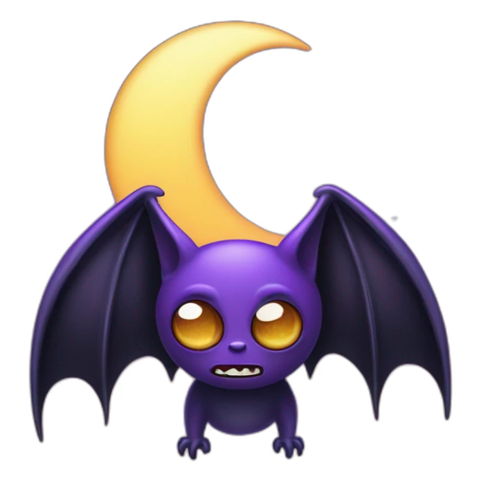 purple and black mad face vampire bat cartoon sparkle eyes wings flying in front of large dripping crescent moon sticker