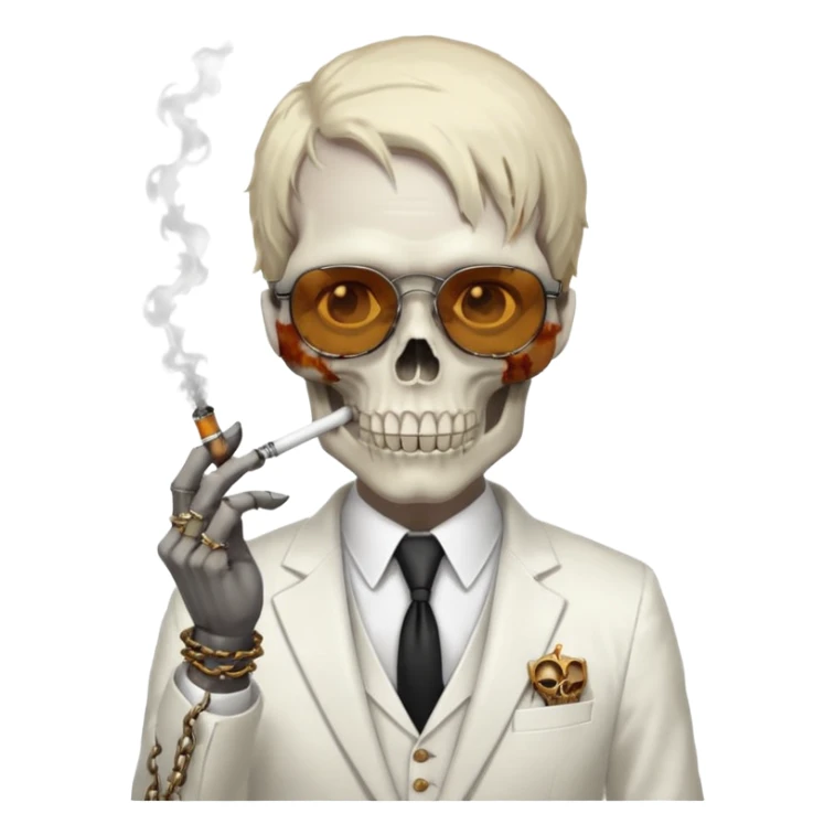 cinematic realistic - steampunk Megadeth - a gentleman in a white suit that smokes, has a skull instead of a head, wears rusty metal glasses with chains sticker