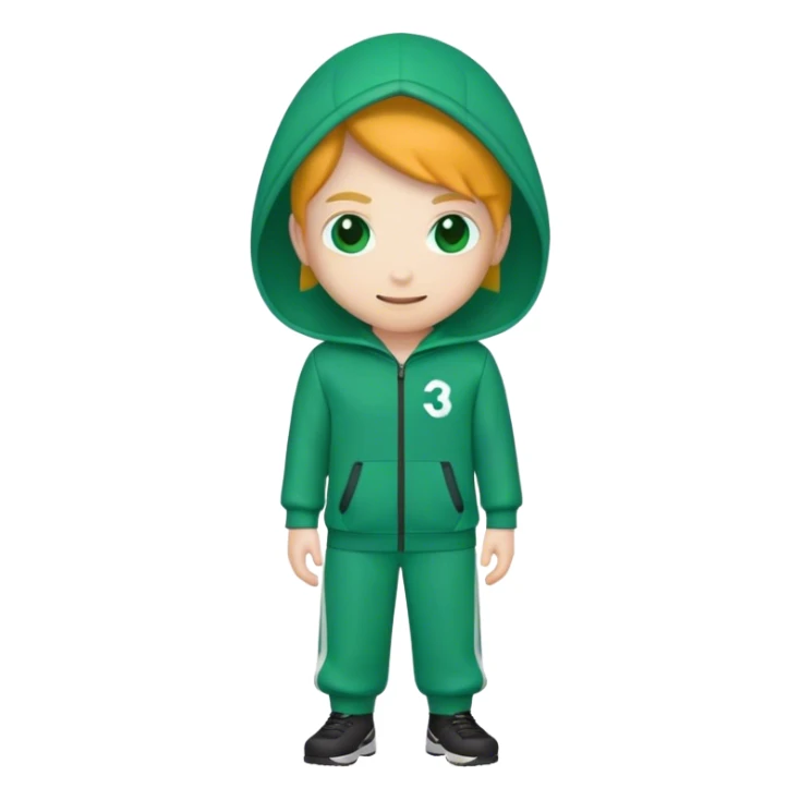 "Squid Game player emoji, green tracksuit with number 333, sly smile, representing manipulation, sticker