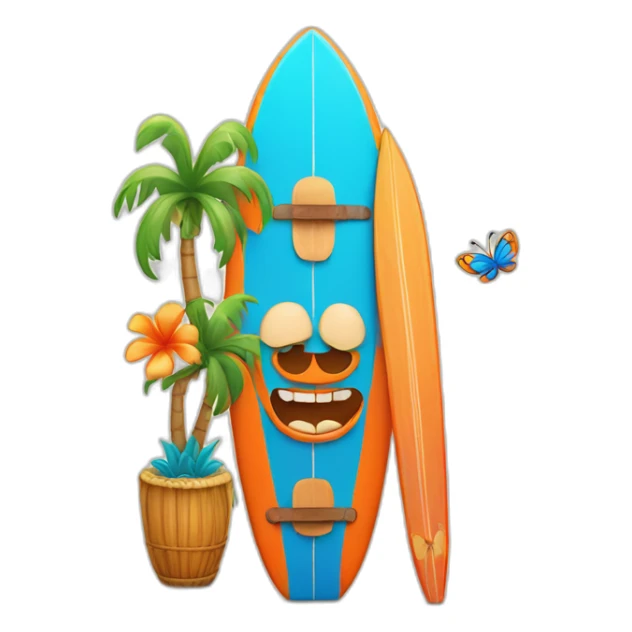 Cartoon Blue and orange smiling tiki with butterfly and surfboard sticker