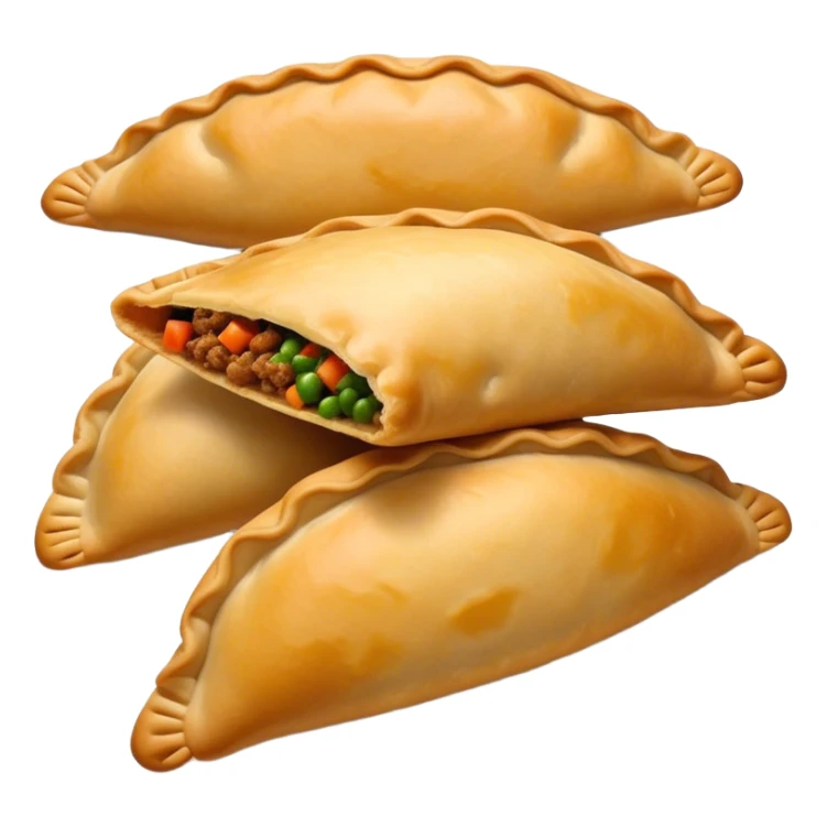 Cinematic Realistic Empanadas Dish Emoji, showcasing crispy fried turnovers filled with spiced meat and vegetables rendered with rich textures and dynamic, appetizing lighting. sticker