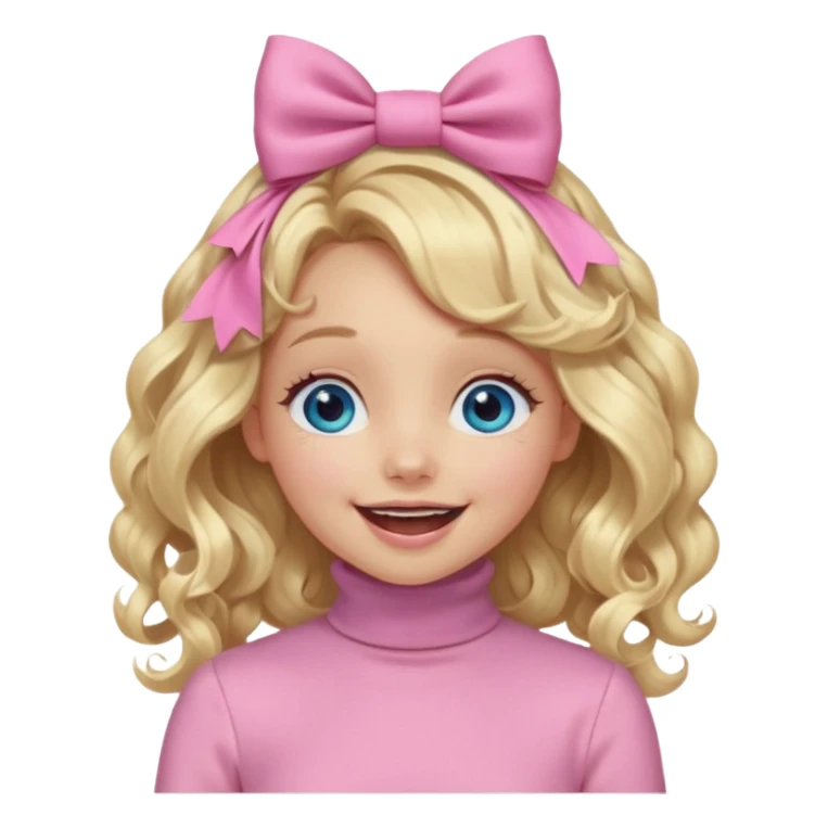 دختری با موی بلوند و خیلی بلند و فرفری و پاپیون صورتی روی سرش و یه لباس  یقه اسکی صورتی کم رنگ که شاینی هست و چشم های آبی و لباس های حجم دار در حال خندیدن sticker