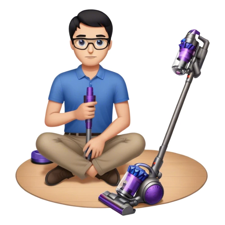 Man with black hair and blue eyes with glasses using Dyson wireless on the floor sticker
