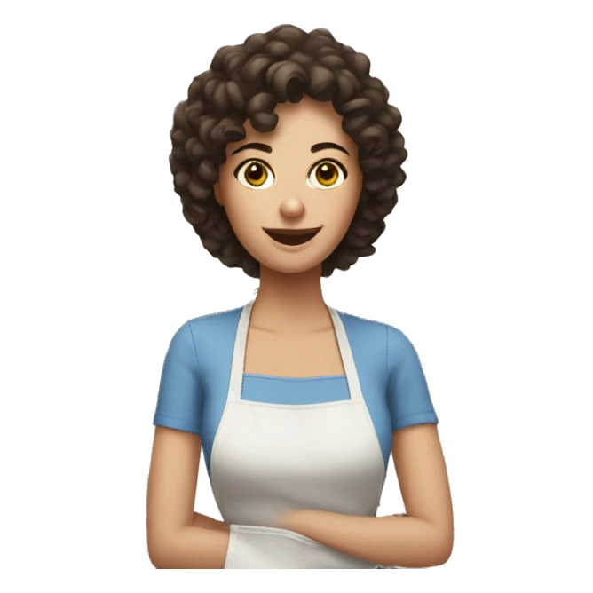 White woman with dark brown curly hair cooking sticker
