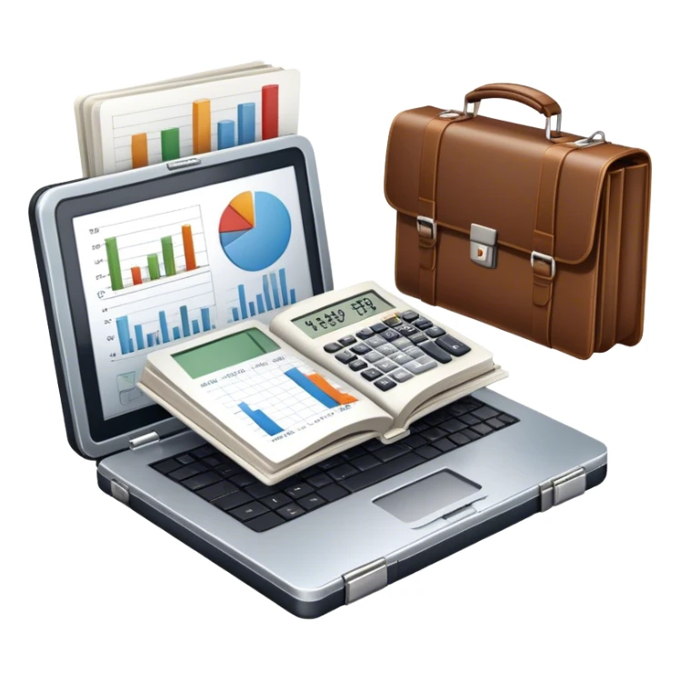 Icon for Business Reading: an open book with a graph and financial charts, a briefcase, a calculator, and a laptop nearby. The icon should represent the world of business, finance, and professional growth. Transparent background. sticker