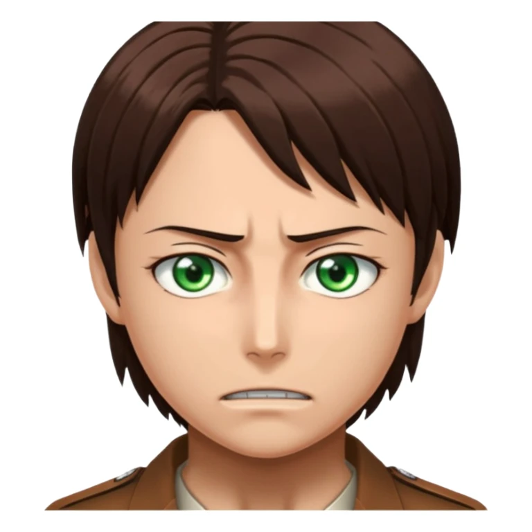 “Create an avatar that looks like Eren Yeager from Attack on Titan, Season 4 — sharp jawline, tied-back long brown hair, intense green eyes. No expression.  sticker