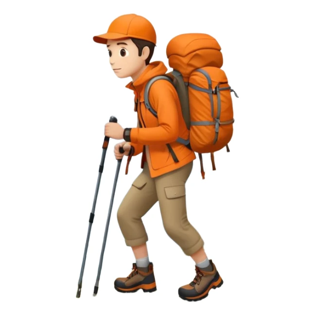Hiker in orange jacket with backpack climbing mountain trail, minimalist design sticker