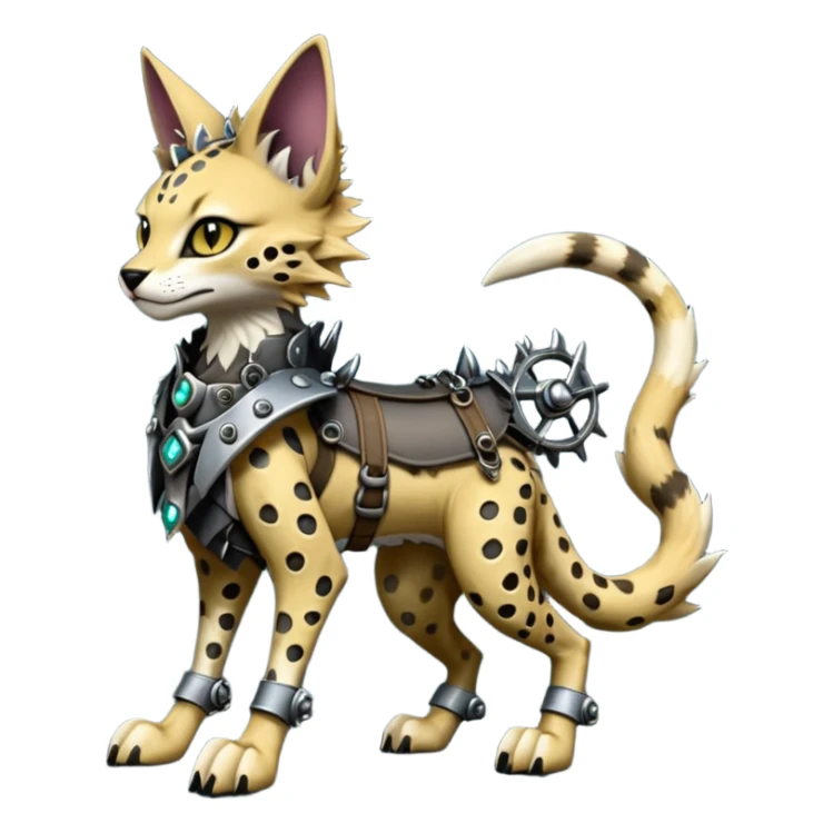 Epic complex detailed dark dusky gloomy deep gothic, realistic Fakémon-Sprigatito-Floragato-Meowscarada-Trico-Sergal-Serval-Vernid-creature (full body) with metal gears and metal knight collar sticker