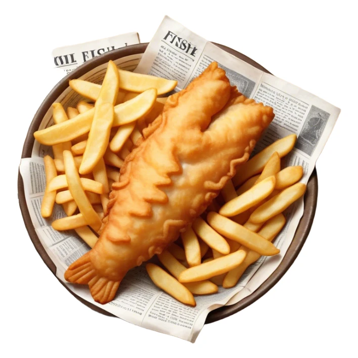 Fish and Chips Cinematic Realistic Fish and Chips Dish Emoji, depicted as a crispy battered fish fillet and golden chips served in traditional newspaper wrapping, rendered with lifelike textures and warm natural lighting that captures its iconic British street food charm  . sticker