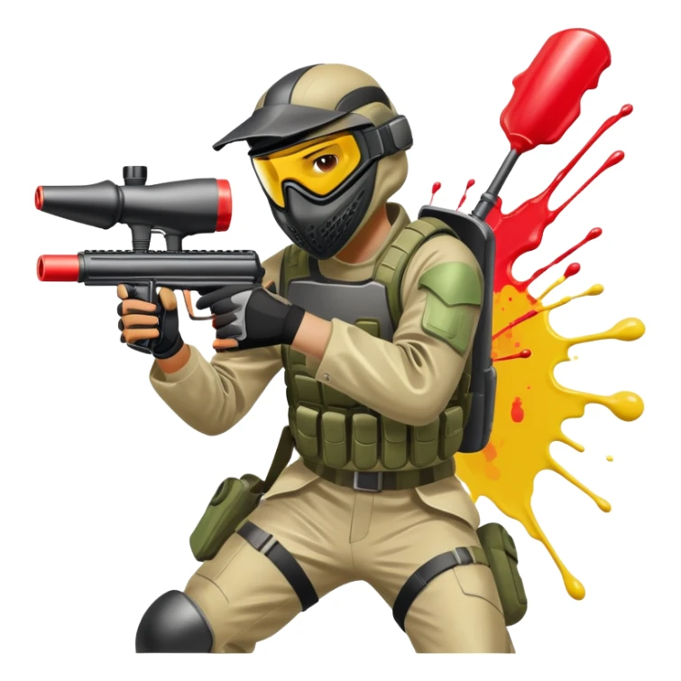 A paintball player in full gear, aiming a paintball gun with focus and determination. The scene includes vibrant splashes of paint and a dynamic battlefield setting, emphasizing action, strategy, and teamwork in a competitive environment sticker