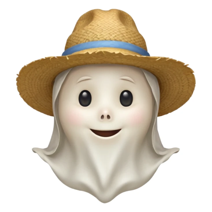 friendly ghost farmer portrait, head and shoulders only, straw hat, soft pale glow, gentle smile, cute cracked texture (not scary), cozy village vibe, warm lighting, 3D cartoon, mobile game icon style, clean background, no text, no watermark
 
 sticker