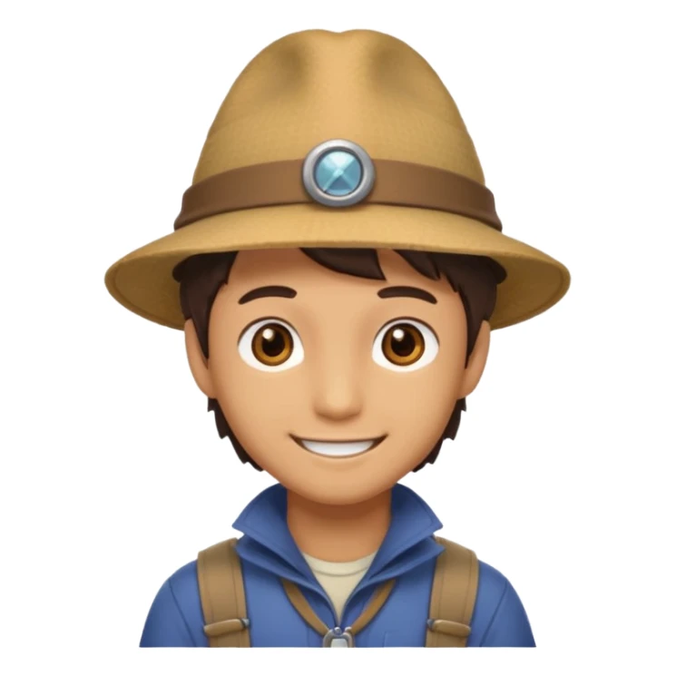 Um rosto kawaii macho de olhos castanhos com chapéu de aventureiro e sorrindo sticker