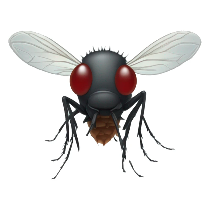 A midge (very tiny fly from scotland) looking like a vampire (with two protruding teeth), view from face/profile, looking like embarassed sticker