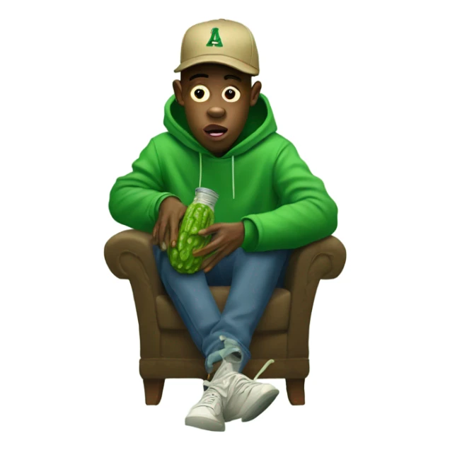 Tyler the creator trapping a green pickle on his lap sticker
