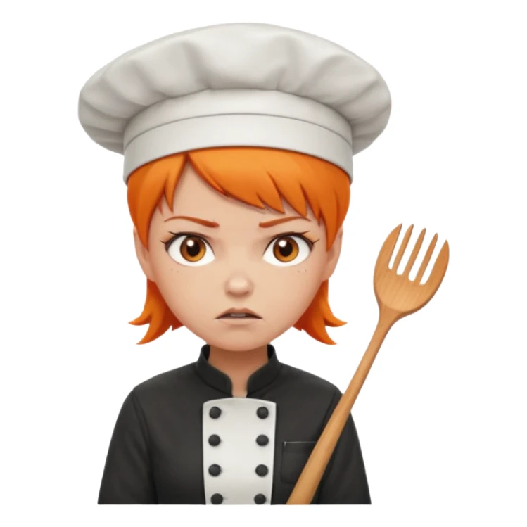 girl, Short orange hair, angry, wearing chef uniform and chef hat sticker