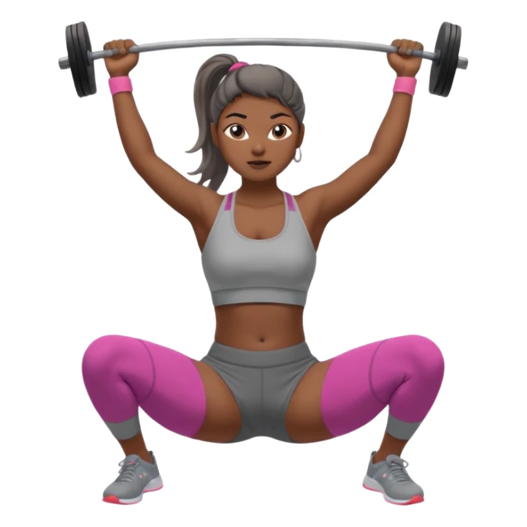 Mujer en gimnasio, peruana con coleta top corto gris y pantalón gris. Haciendo jalón al pecho  sticker