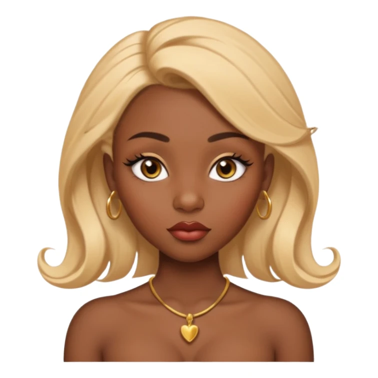 darkskin female with eyebrows that are naturally shaped and frame eyes well, eyes that are almond-shaped with defined lashes. nd lips are full with a defined cupid’s bow, add also a septum piercing that adds an edgy, stylish flair. a middle-part, honey blonde bust-down with laid baby hairs sticker