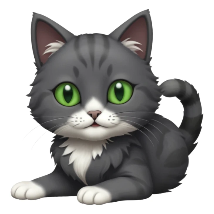 solid dark grey cat with green eyes, fully grey face, white toes/paws playfully rolling upside down sticker