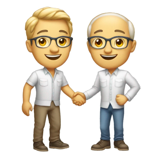 an old restaurant owner, a young blogger in youth clothes, shaking hands, both with light skin, in great detail, in full height sticker