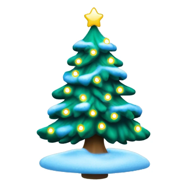 Green Christmas tree with snow on it. blue & white bulbs. Yellow fairy lights. sticker