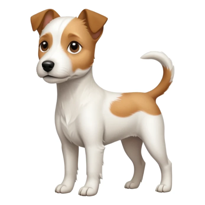 a full body slightly chubby white parson russell terrier looking dog the size of a kelpie with light brown long ears and a light brown patch on one eye and a large snout sticker