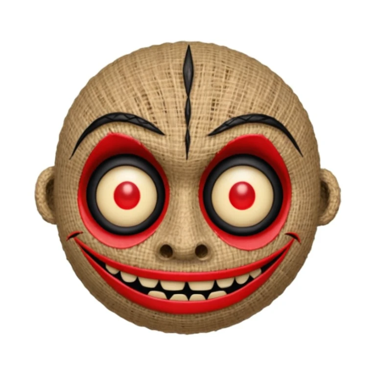 creepy voodoo face emoji with stitched mouth using rough black thread, one button eye, other eye a black X, large red pin piercing the head, soft glow outline, deep charcoal background with old fabric or burlap texture, slightly twisted smile, blending true crime, folklore, and occult themes sticker