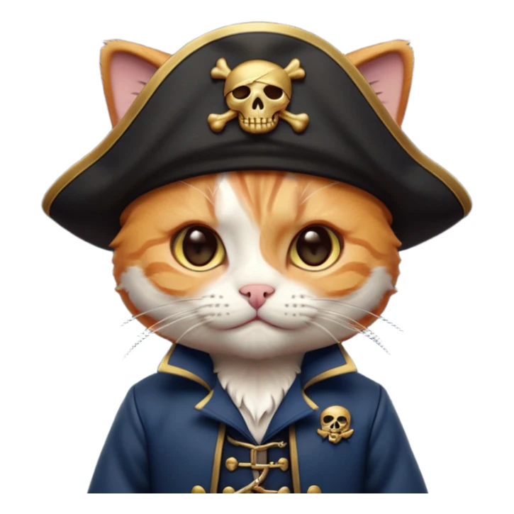 Premium 3D emoji icon of a cute ginger cat pirate, wearing a **deep navy blue** velvet pirate hat with a silver skull icon, and a black and gold captain's jacket. Glossy finish, claymorphism style, soft studio lighting, isolated on white background, 8k resolution, stylized professional look --v 6.0 sticker
