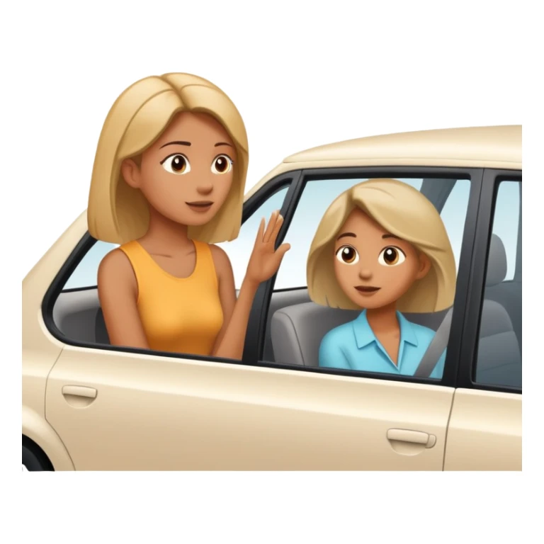 woman leaning talking to person in parked car with window down sticker