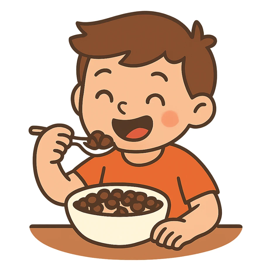 flat toon style kid eating a bowl of chocolate cereal, no background sticker
