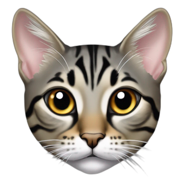 Cat Breed Tabby (Mainly black and gray) Ears Slightly pointed and sharp in shape Eyes Large and intense, with a strong gaze Whiskers Very long Chin Sharp with distinct lines Mouth Area White sticker