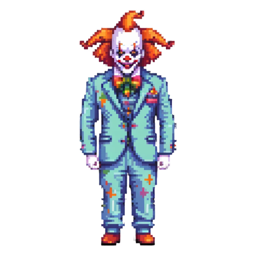 demonic clown wearing a leisure suit with accessories sticker