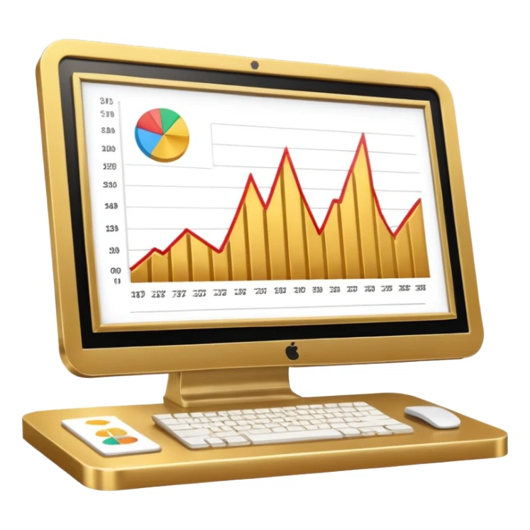 Mach mir einen schreibtisch mit einem bildschirm drauf wo mann einen Chart sieht von Gold sticker