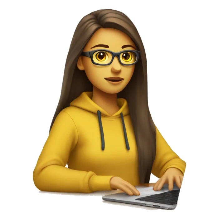 female coder with apple laptop in front of her, very long straight brown hair, brown eyes, facing the right side looking at the laptop, yellow sweatshirt,  glasses sticker