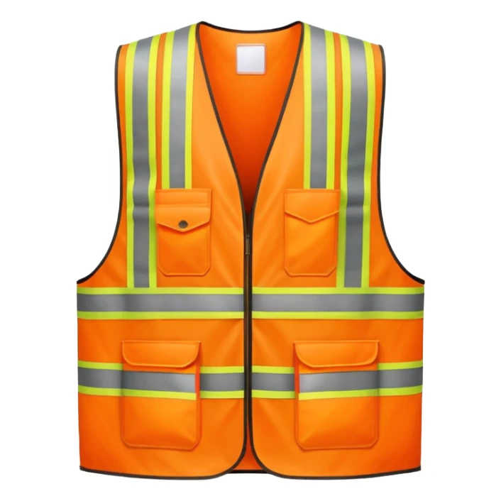orange safety vest with bright yellow reflective stripes, construction site workwear, emoji style sticker